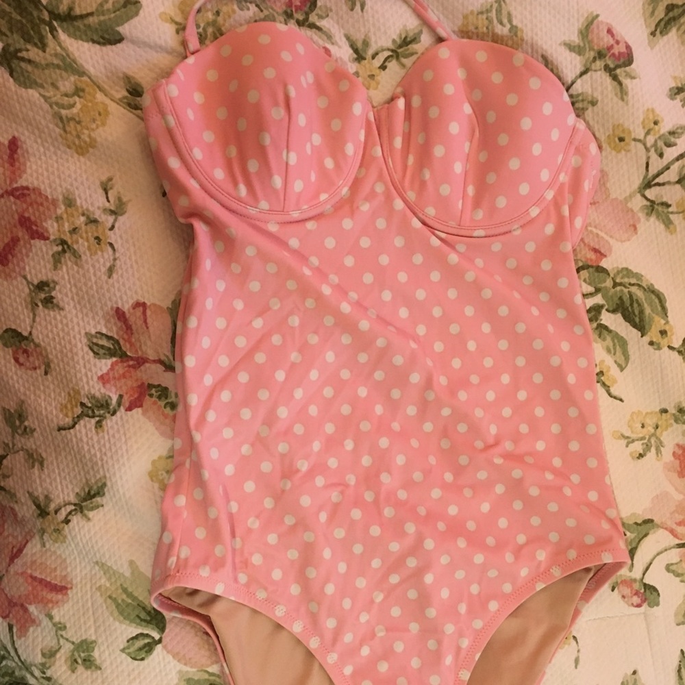 JCREW pink and white polka dot one piece swimsuit